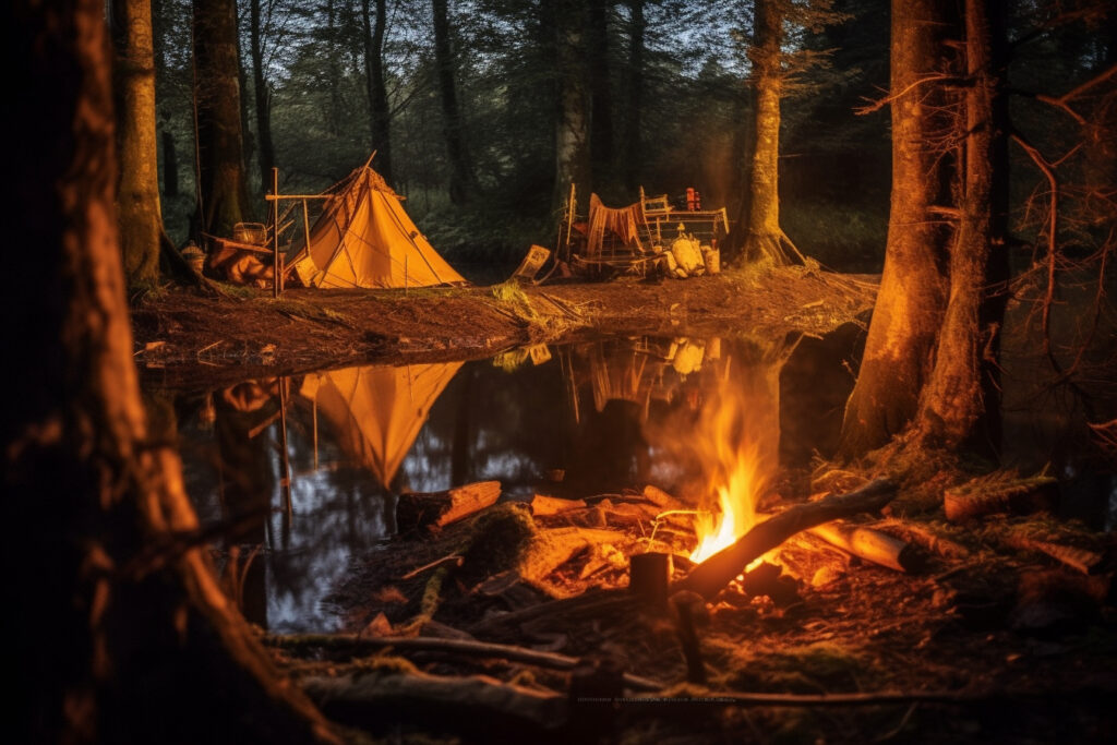 Feu de camp en forêt de nuit avec de l'eau qui bout sur le feu de camp.