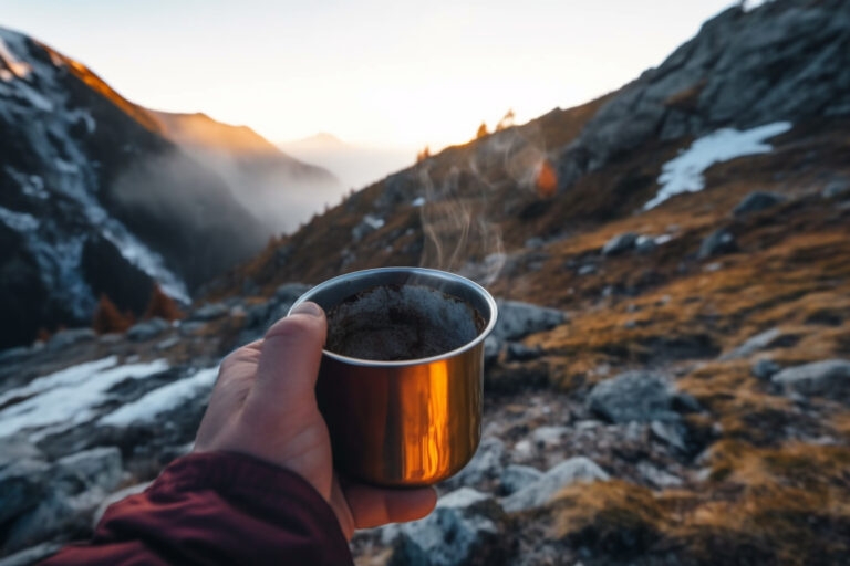 Boire de la soupe miso dans les montagnes lors d'un trekking