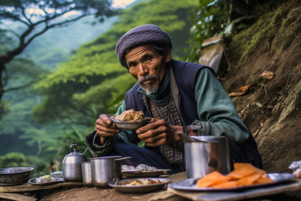 Petit déjeuner anglais pendant un trek avec un tibétain