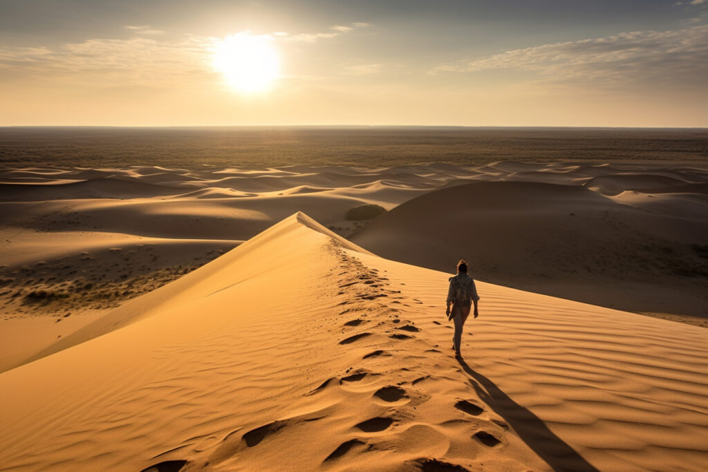 Un explorateur solitaire dans un désert aride, entouré de dunes de sable sans fin, un soleil brûlant dans le ciel, mettant en évidence la soif et la détermination de l'explorateur, Photographie, objectif grand angle