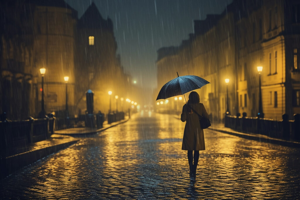 une femme tenant un parapluie dans une tempête de pluie, le paysage urbain sombre et humide avec les rues pavées brillant sous la lumière des réverbères, l'atmosphère est tendue mais déterminée, Photographie, utilisant un appareil photo reflex numérique Nikon D850 avec un objectif 50mm pour une grande profondeur de champ