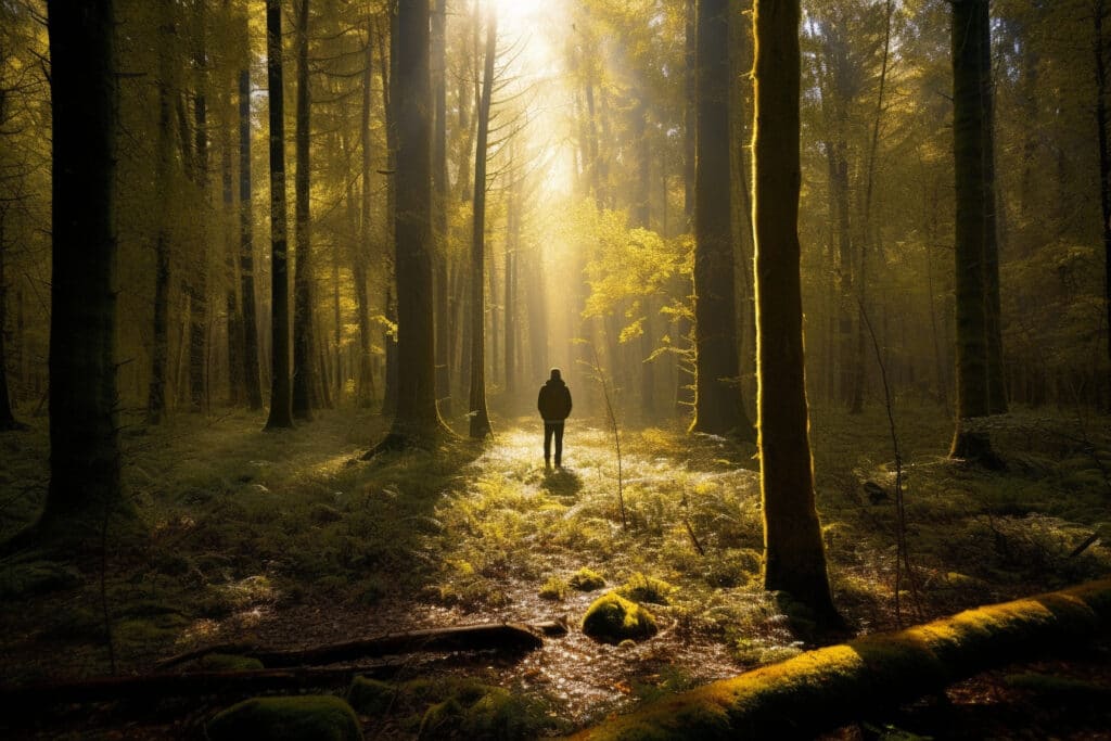 Une personne dans une forêt dense avec un rayon de soleil dans la foret