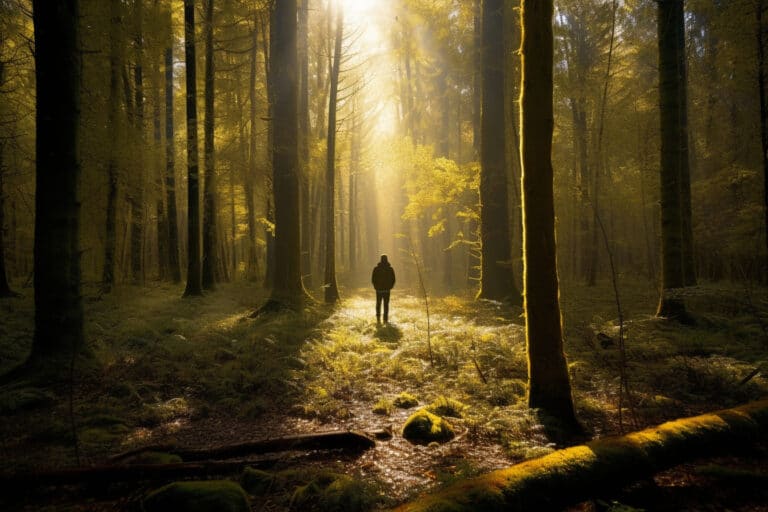 Une personne dans une forêt dense avec un rayon de soleil dans la foret