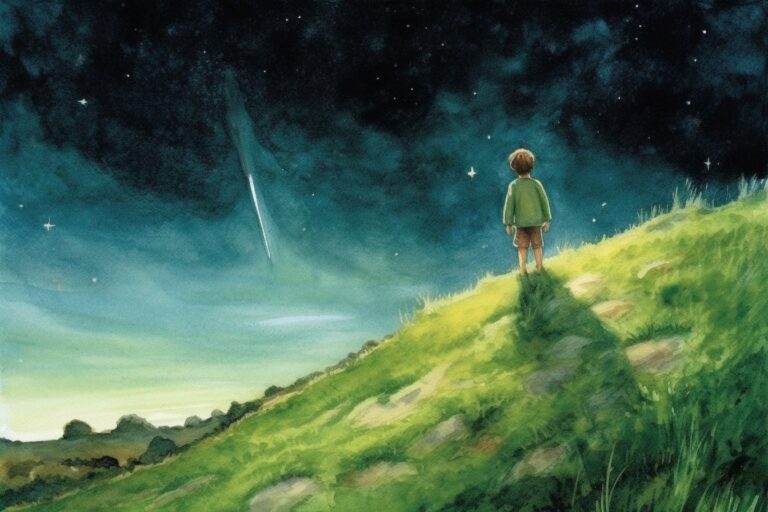 un jeune garçon sur une colline verdoyante pointe un bâton vers la Grande Ourse, sous un ciel étoilé et une lune croissante, l'ambiance est empreinte de curiosité et d'émerveillement, Artwork, aquarelle sur papier de coton épais