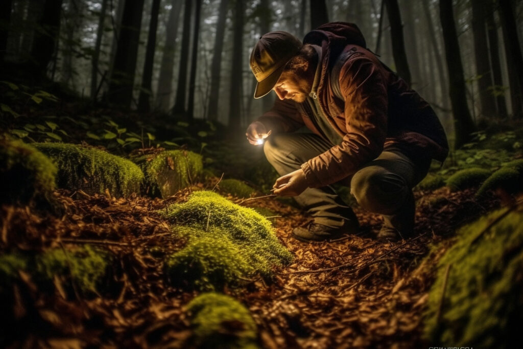 un homme qui utilise une lampe frontale pour éclairer dans la forêt