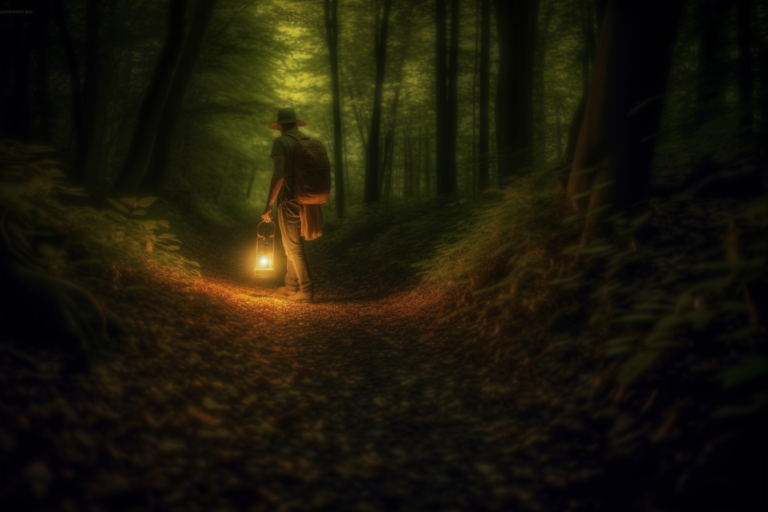 Un homme éclaire dans la nuit un chemin dans la forêt