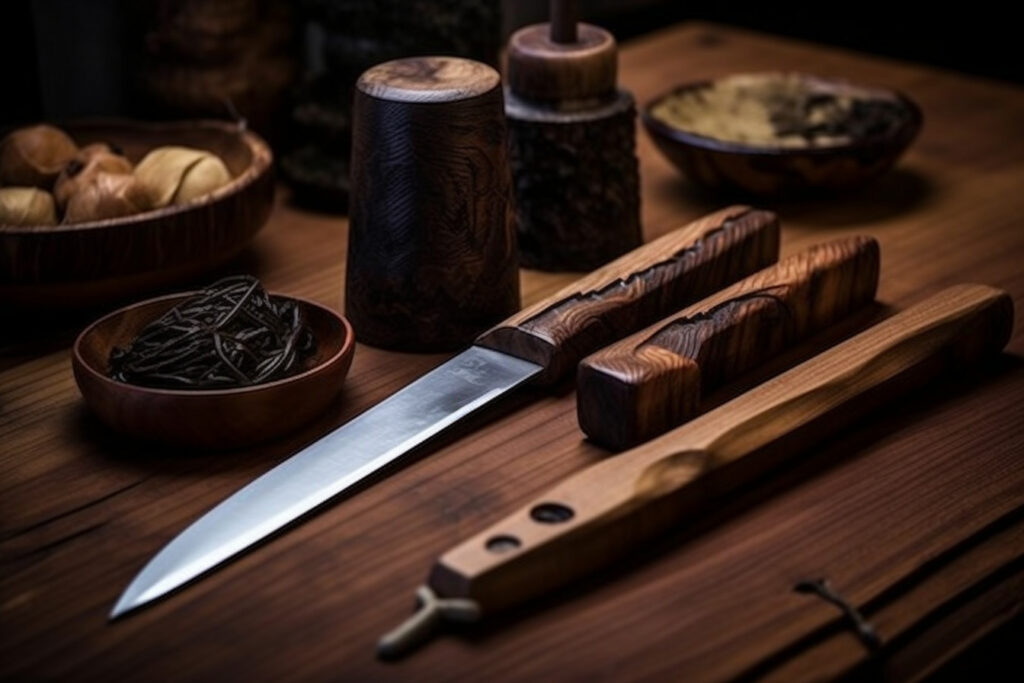 un couteau japonais posÃ© sur une table rustique en bois