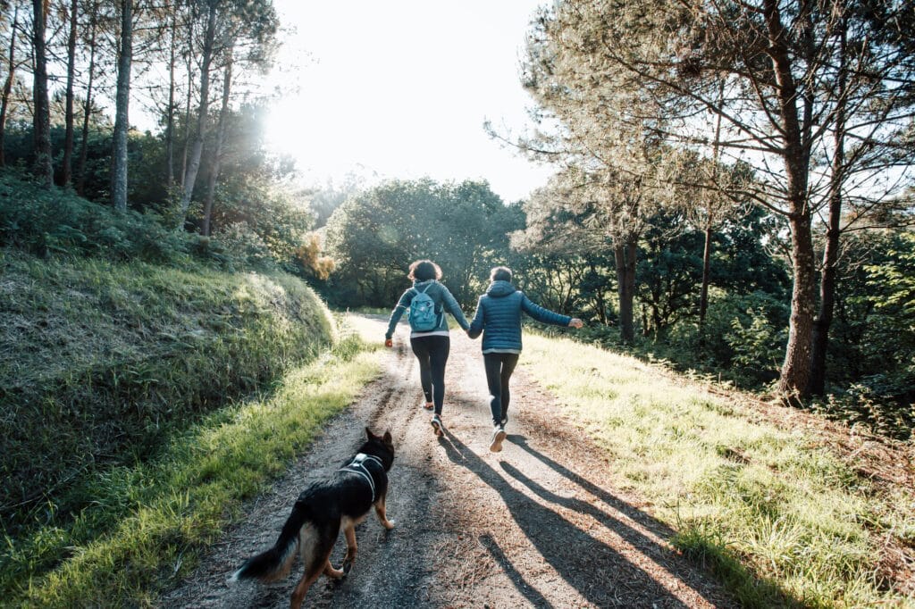 Senior mother embracing middle age daughter smiling in a park during a walk trecking